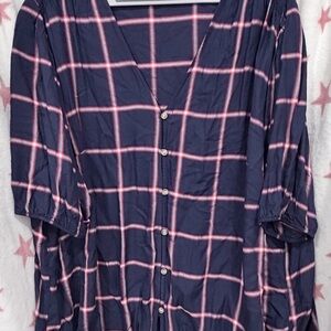 COMO VINTAGE 3X. Navy Plaid Button-Front Tunic with Pink Windowpane